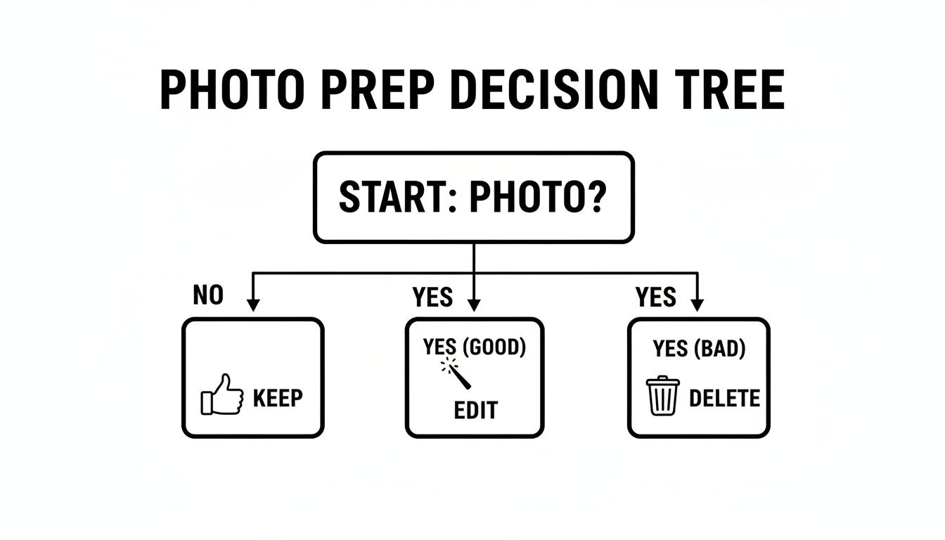 A simple photo preparation decision tree guiding users to keep, edit, or delete images.
