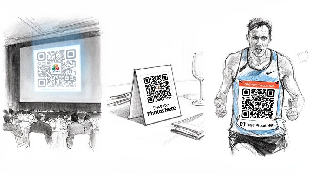 Sketches illustrate QR codes on a large screen, table tent, and runner's bib for finding event photos.