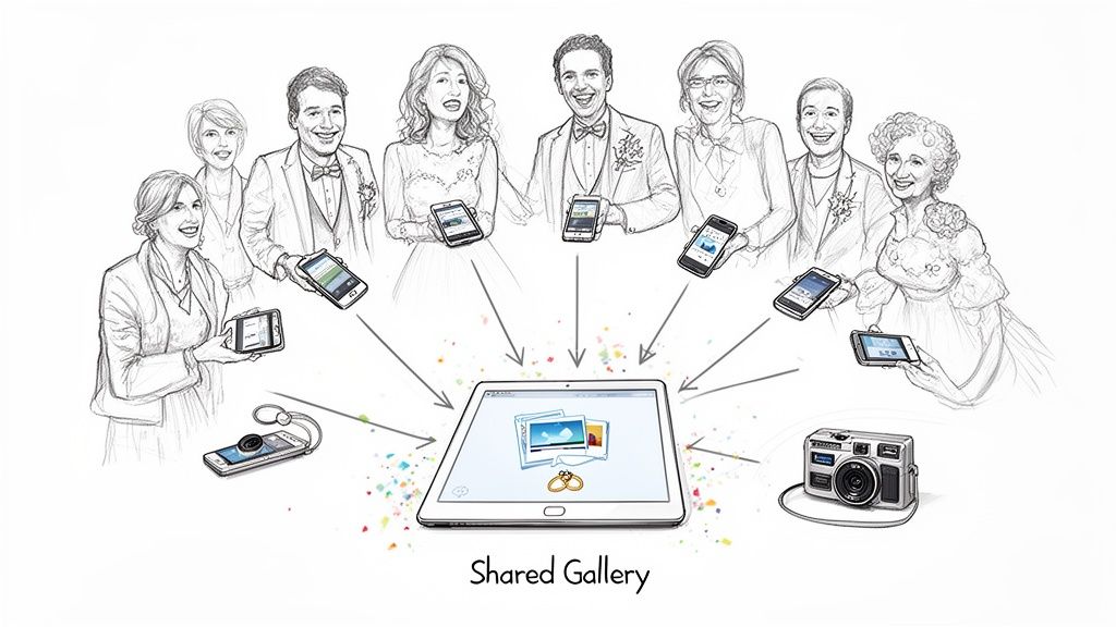 Happy wedding guests sharing photos from their phones and camera to a central shared gallery on a tablet.