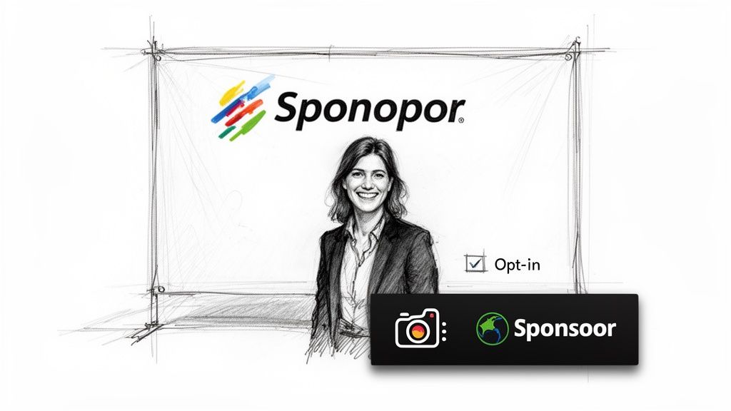 A smiling woman in a sketch, standing before a "Sponopor" banner with an "Opt-in" checkbox and a "Sponsoor" bar.
