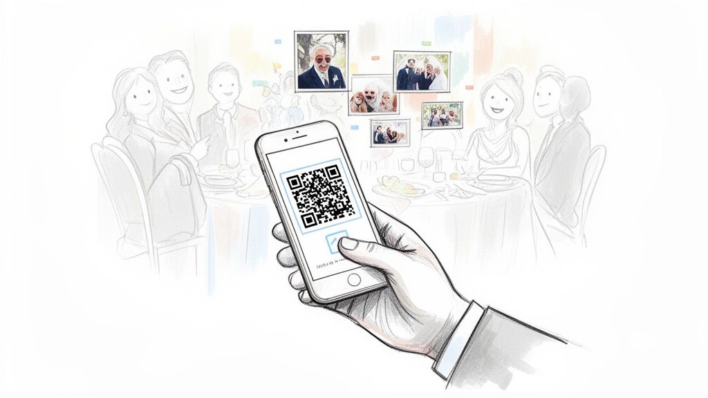 Hand holding a smartphone with a QR code, displaying memories and photos at a wedding reception.