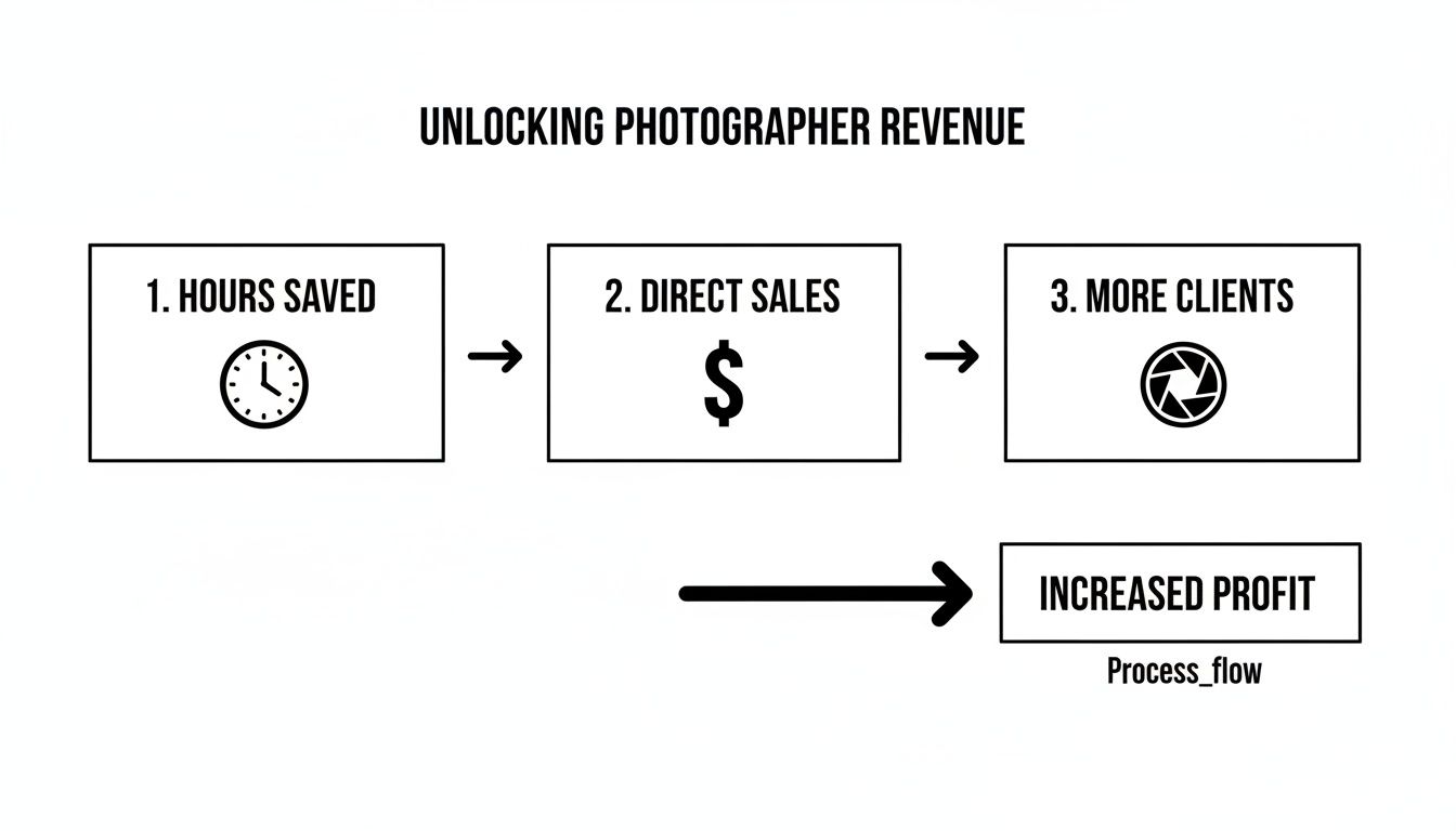 A flowchart showing how saving hours, direct sales, and more clients lead to increased profit for photographers.
