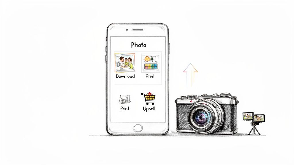 A hand-drawn image illustrating a phone app for photo services, a camera, and a display setup.
