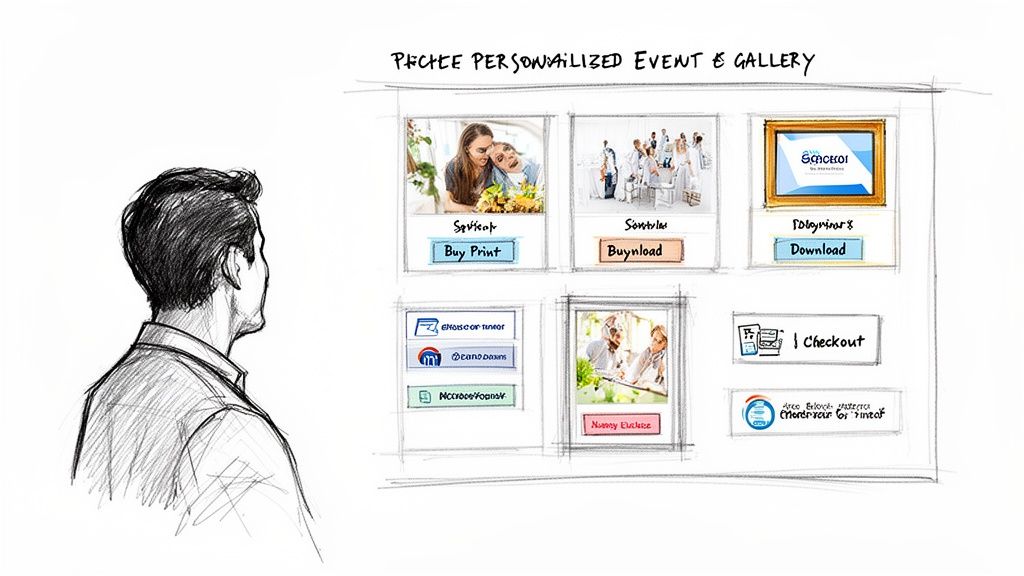 A man views a sketched digital interface for a personalized event and photo gallery, with options to buy prints, download, and checkout.
