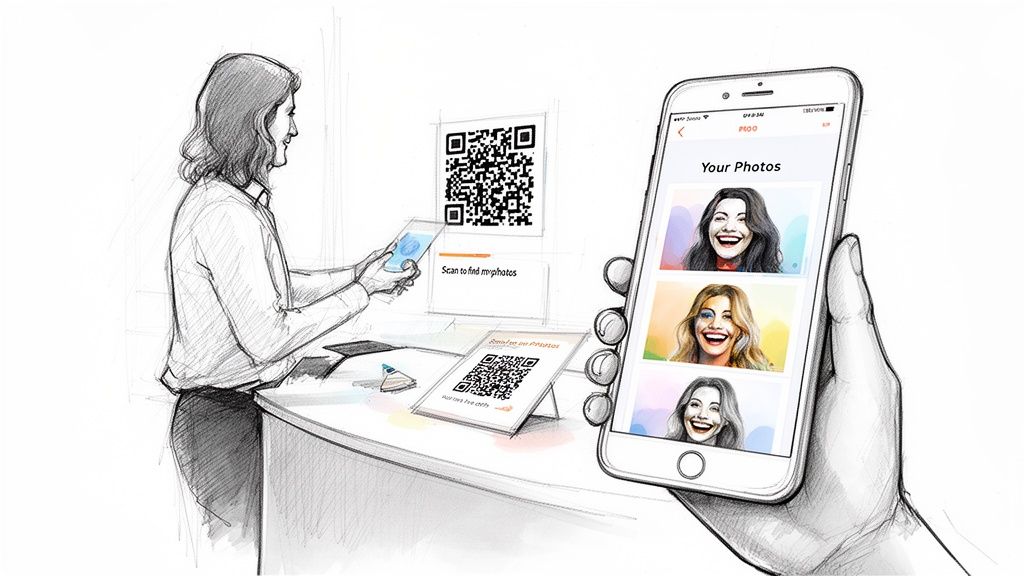 A sketch showing a person scanning a QR code with a tablet, and a hand holding a smartphone displaying photos.