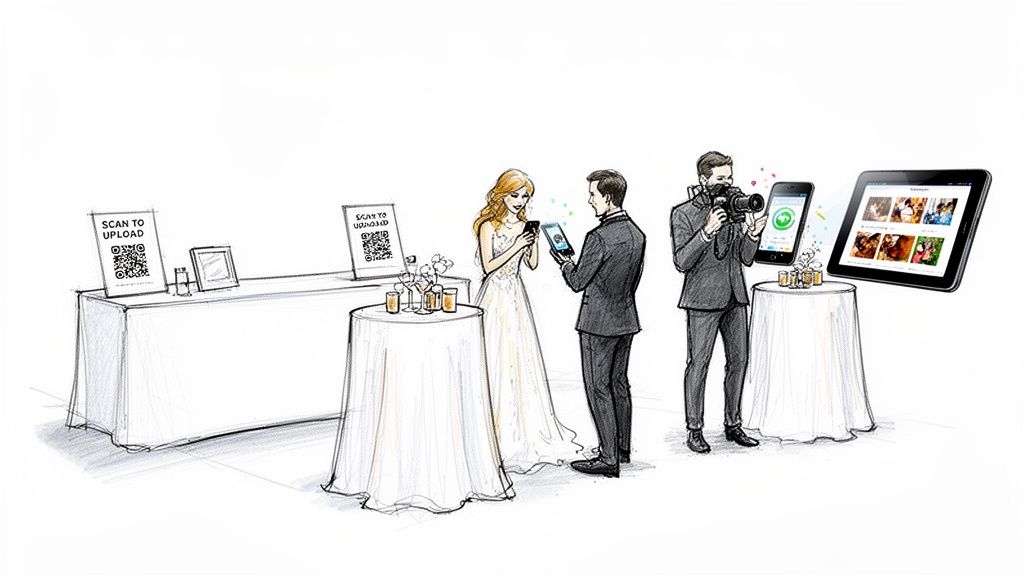 Wedding guests scan QR codes to upload and view photos on phones and a large digital tablet.