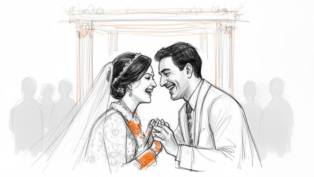 A joyful sketch of an Indian bride and groom smiling, holding hands during their wedding ceremony.