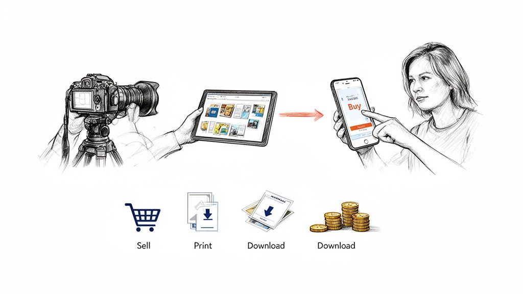 A visual depicting the workflow of digital content from camera capture to online selling, buying, and download options.
