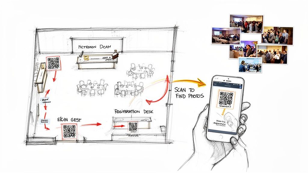 Sketch showing a room layout with QR codes, a smartphone scanning to retrieve event photos.