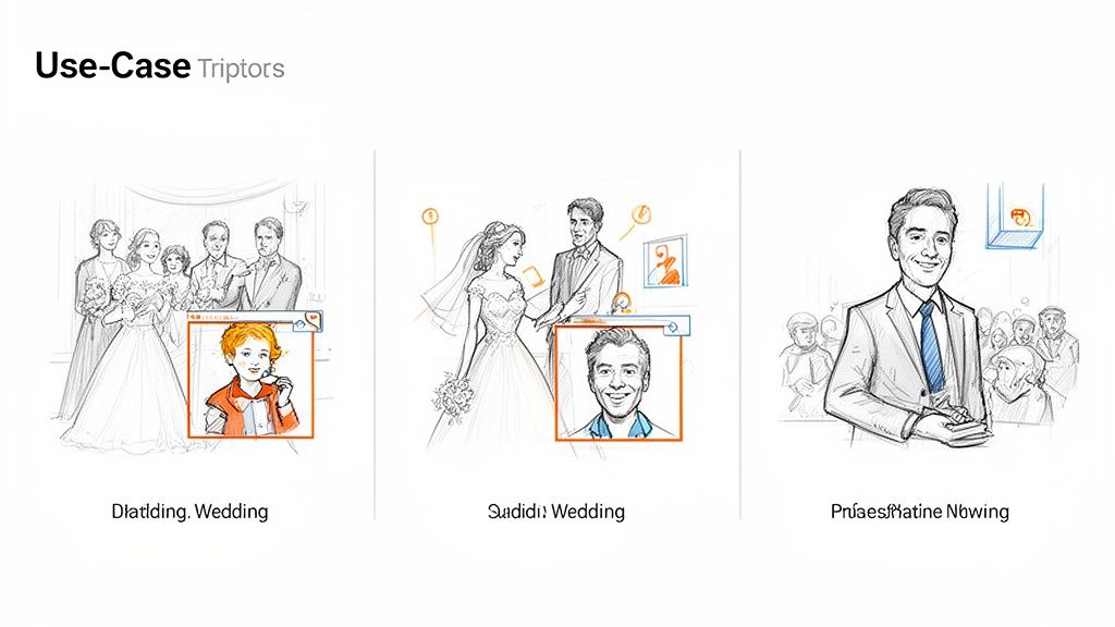 Illustrations demonstrate photo recognition software identifying faces in three wedding-related use cases.