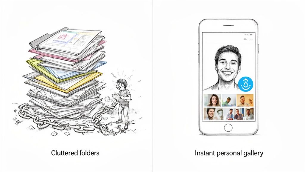 Illustration contrasting cluttered paper folders with a smartphone app for easy personal photo sharing.