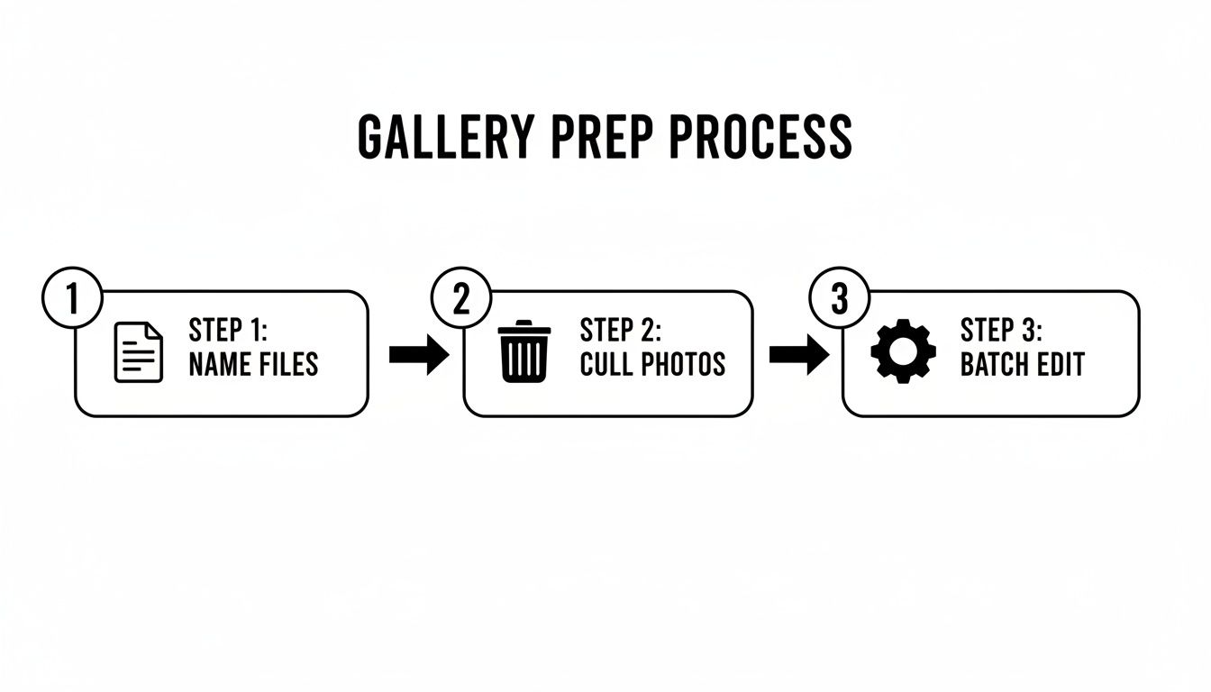 A three-step gallery preparation process: name files, cull photos, and batch edit.