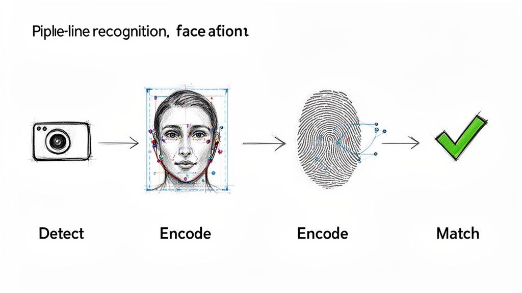 Diagram illustrating a biometric recognition pipeline with steps: Detect, Encode, Match.