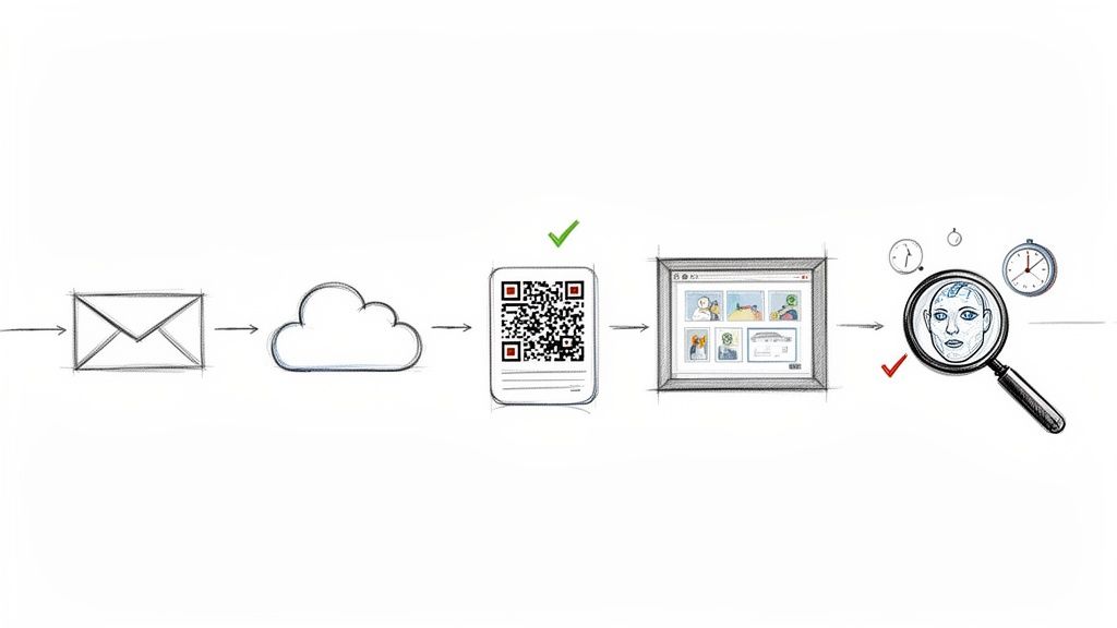Step-by-step diagram of sending photos: email, cloud storage, QR code, online gallery, and AI analysis.