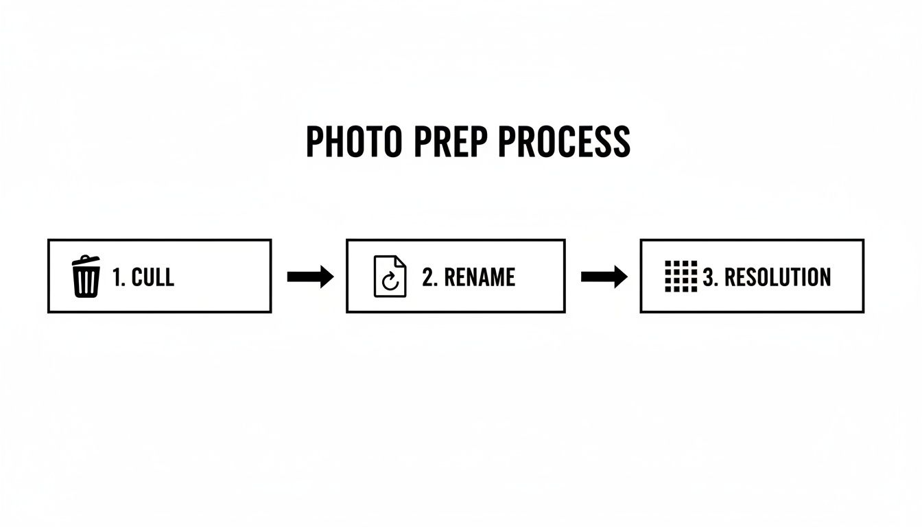 Flowchart illustrating a three-step photo preparation process: cull, rename, and resolution adjustment.
