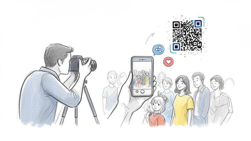 A photographer captures a group photo, then displays it on a smartphone for sharing via QR code.