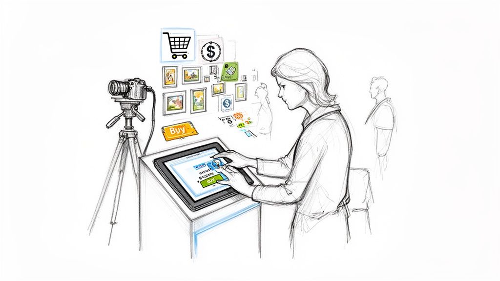 A sketch shows a person using an interactive touchscreen kiosk to view and buy photos, with a camera on a tripod nearby.