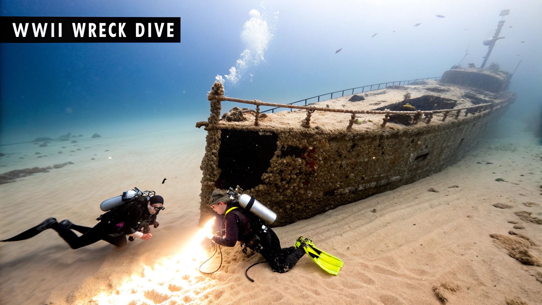 A scuba diver explores one of the Japanese WWII shipwrecks in Coron, Palawan.