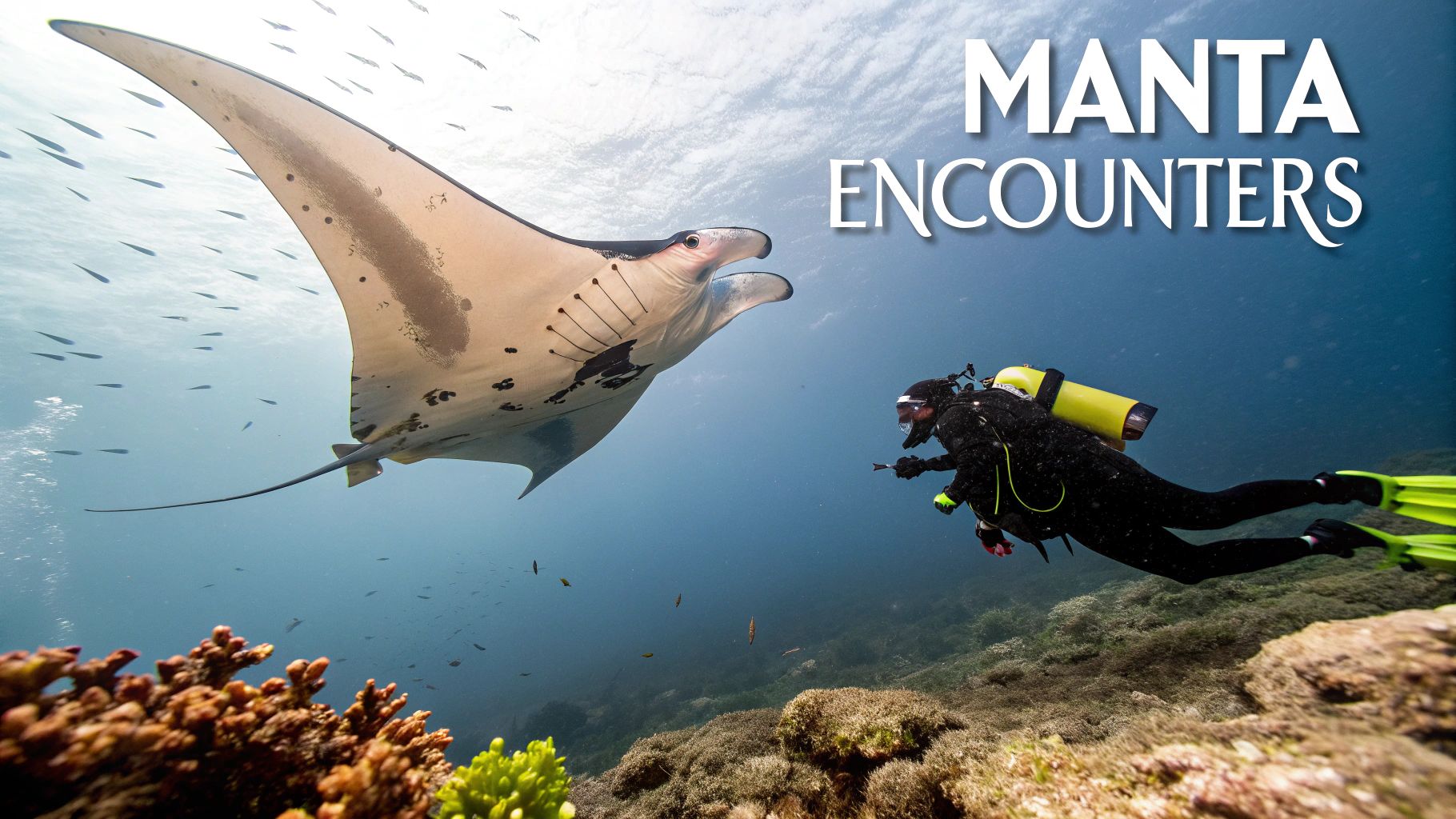 A giant Pacific manta ray swimming gracefully over a reef in the Socorro Islands, Mexico.