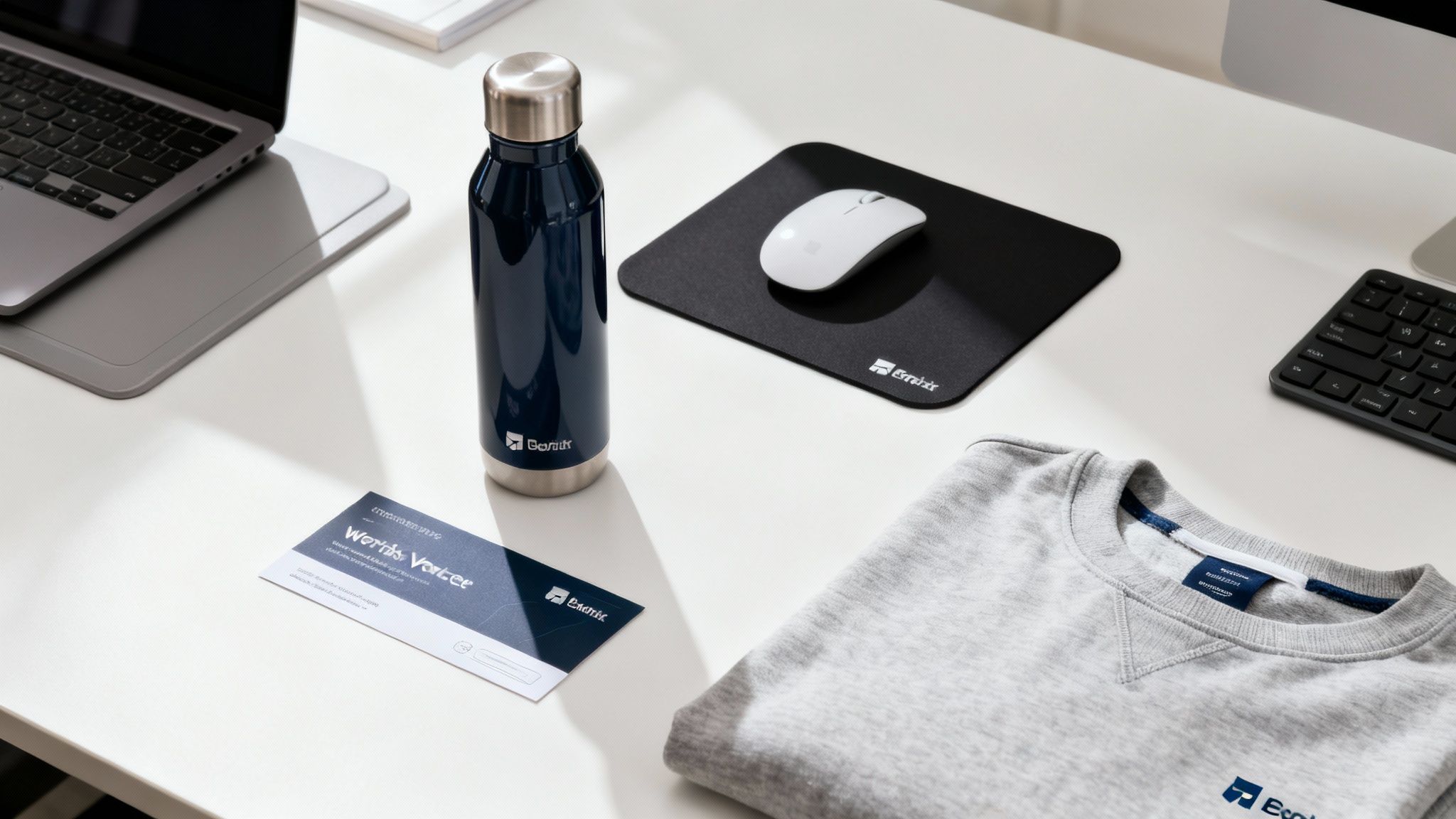 Büro-Schreibtisch mit Laptop, Wasserflasche, Mauspad, Pullover und Firmenkarten der Marke Emix.