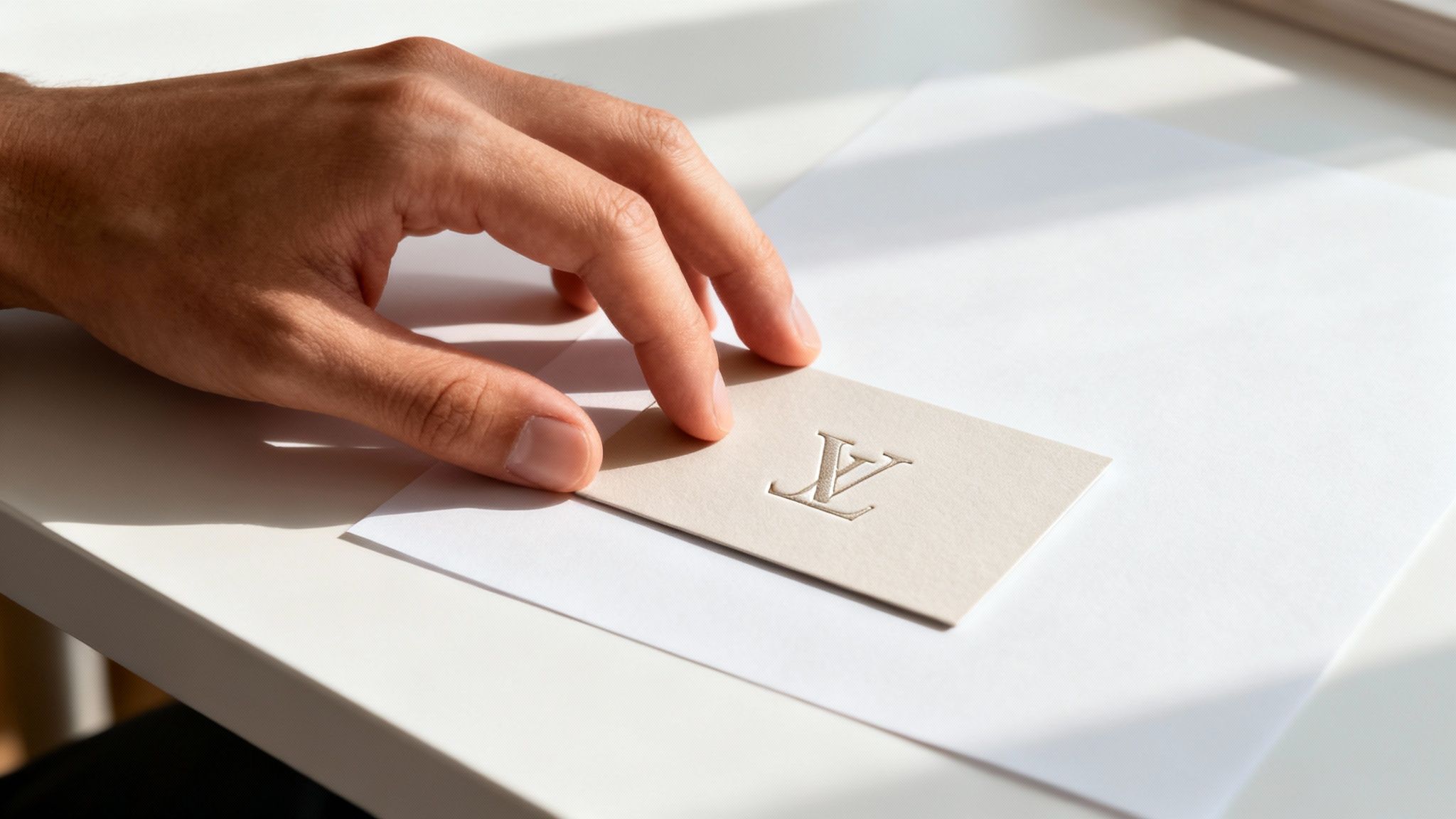 Eine Hand platziert eine beigefarbene Karte mit einem geprägten LV-Logo auf einem weißen Schreibtisch.