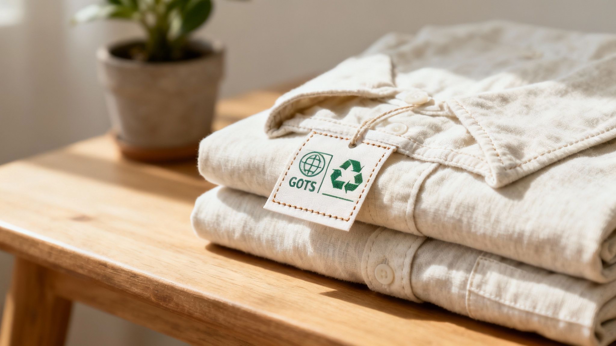 Eine Person hält ein nachhaltig produziertes T-Shirt aus Bio-Baumwolle in den Händen.