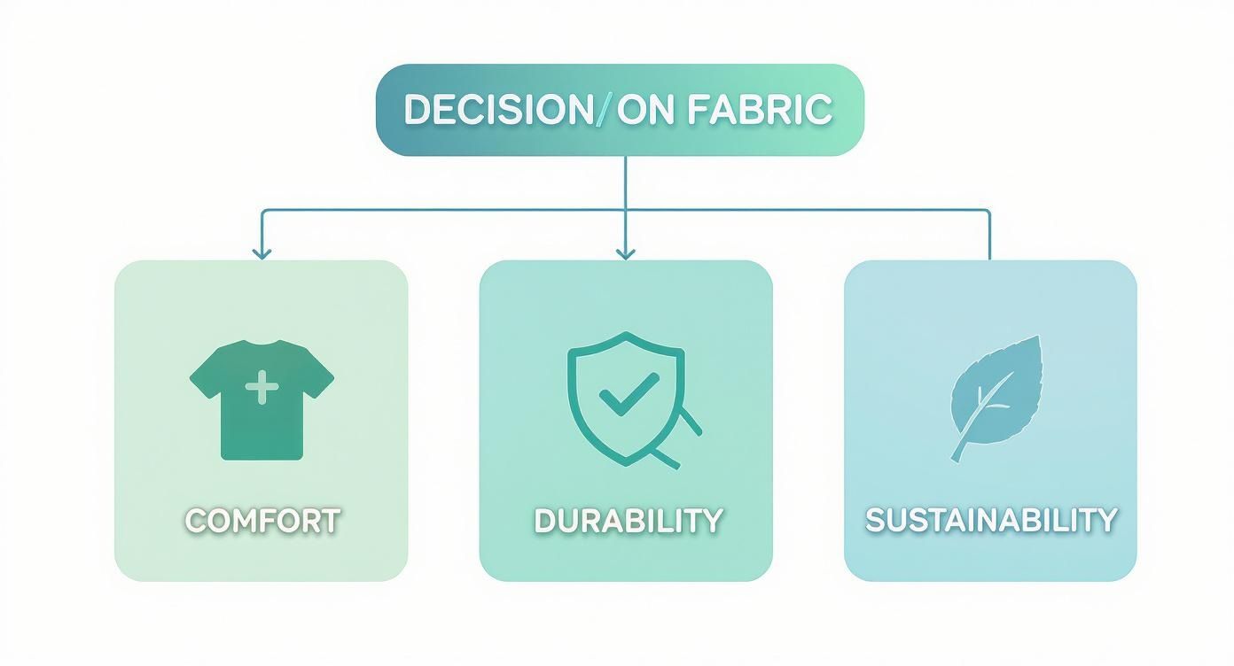 Diese Infografik zeigt einen Entscheidungsbaum zur Auswahl des richtigen Materials für Arbeitskleidung, basierend auf den Kriterien Tragekomfort, Langlebigkeit und Nachhaltigkeit.