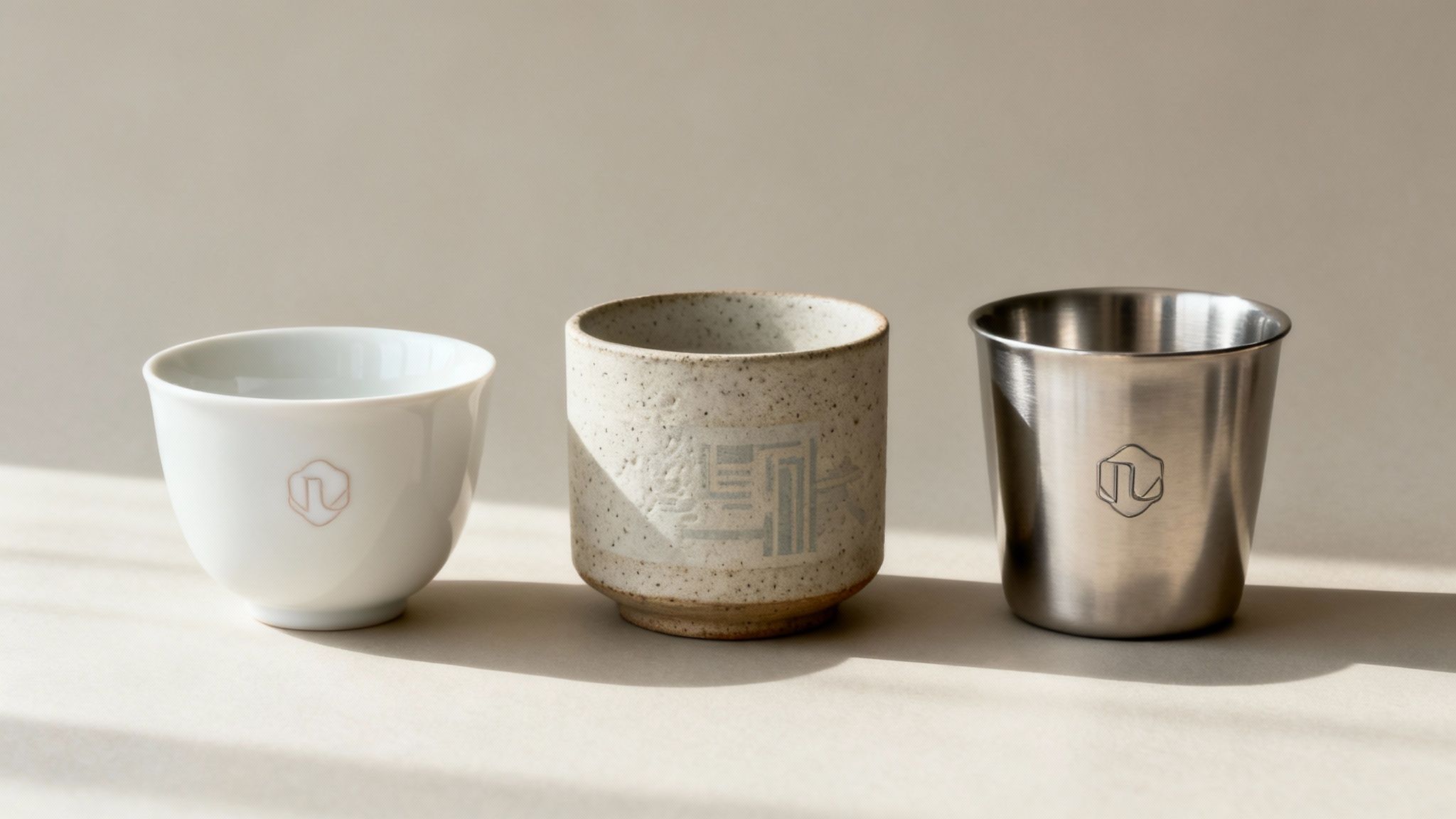 Drei verschiedene Tassen mit Logodruck, darunter Porzellan, Keramik und Edelstahl, nebeneinander.