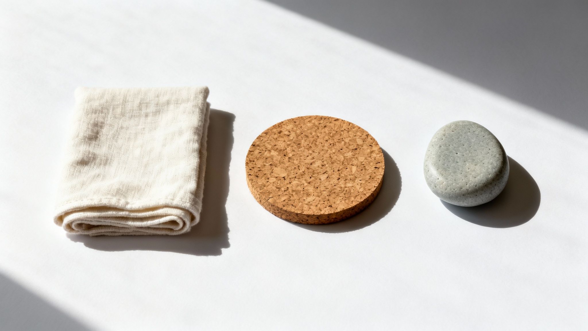 Eine Auswahl nachhaltiger Materialien wie Holz und recycelte Stoffe, die zur Herstellung von Werbeartikeln verwendet werden.