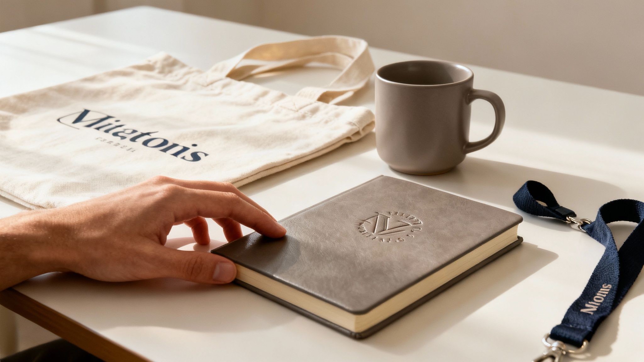 Eine Person hält eine hochwertige, gebrandete Tasche in der Hand, die auf einem Event ausgegeben wurde.