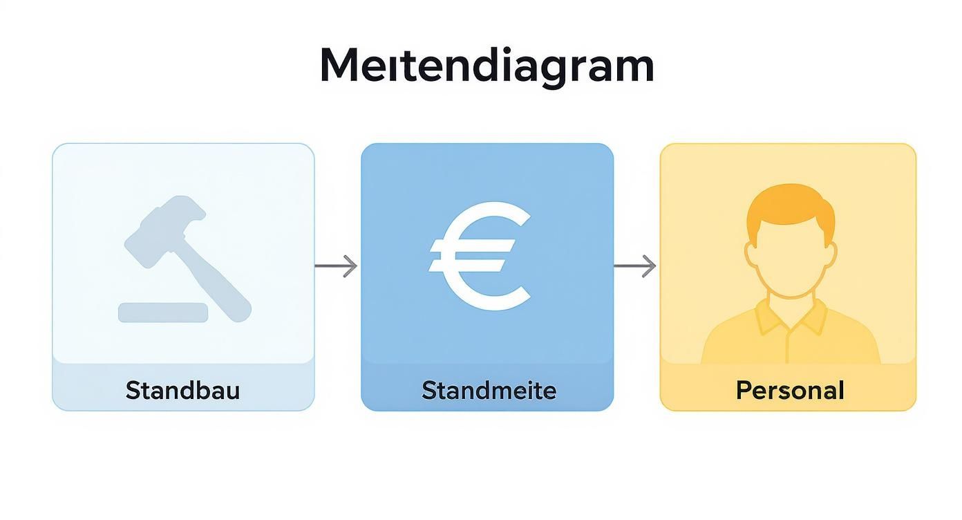 Übersicht der Kostenfaktoren für einen Messestand: Standbau, Standmiete und Personal werden in einem Diagramm dargestellt.