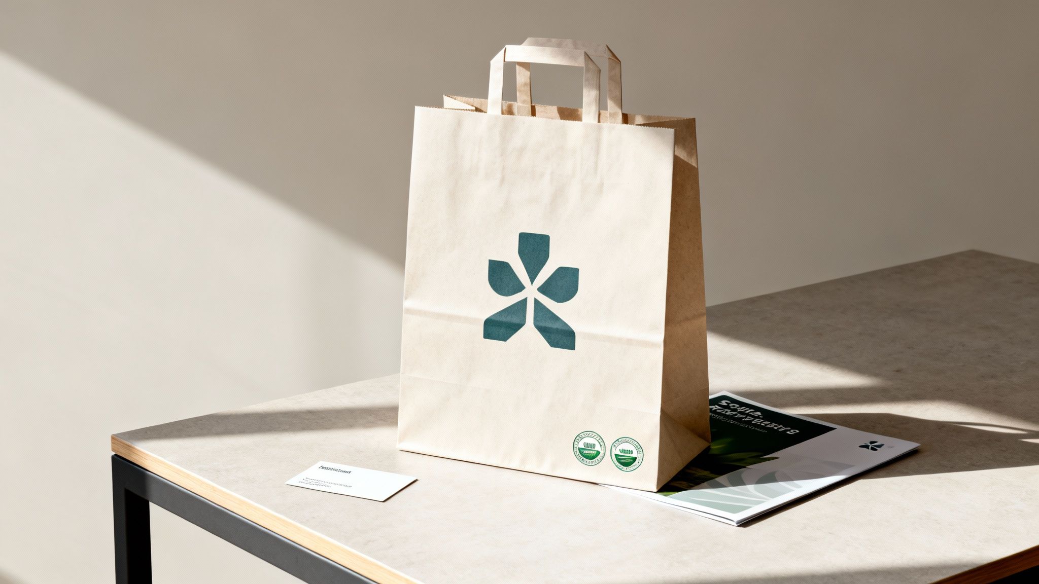 Eine braune Papiertüte mit grünem Logo steht auf einem hellen Tisch neben einer Broschüre und Visitenkarte.