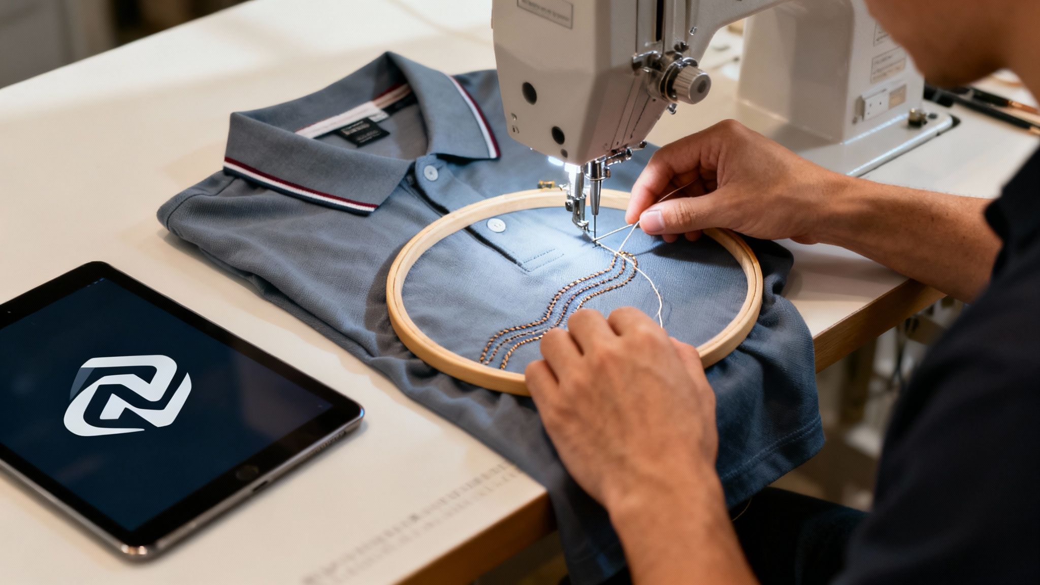 Eine Person prüft sorgfältig die Qualität eines Textildrucks in einer Produktionsstätte.