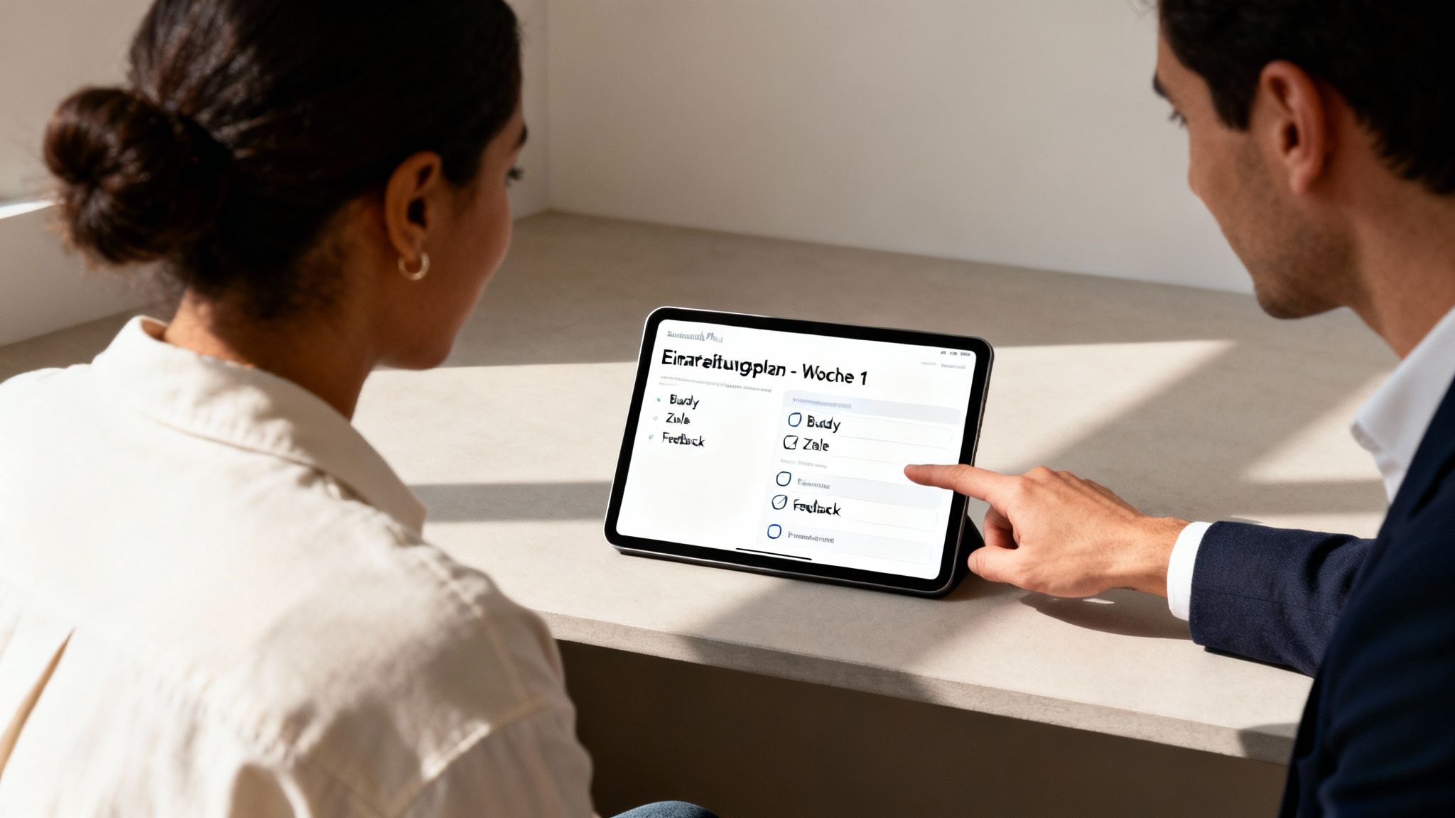 Zwei Personen schauen gemeinsam auf ein Tablet mit einem Einarbeitungsplan für die erste Woche.