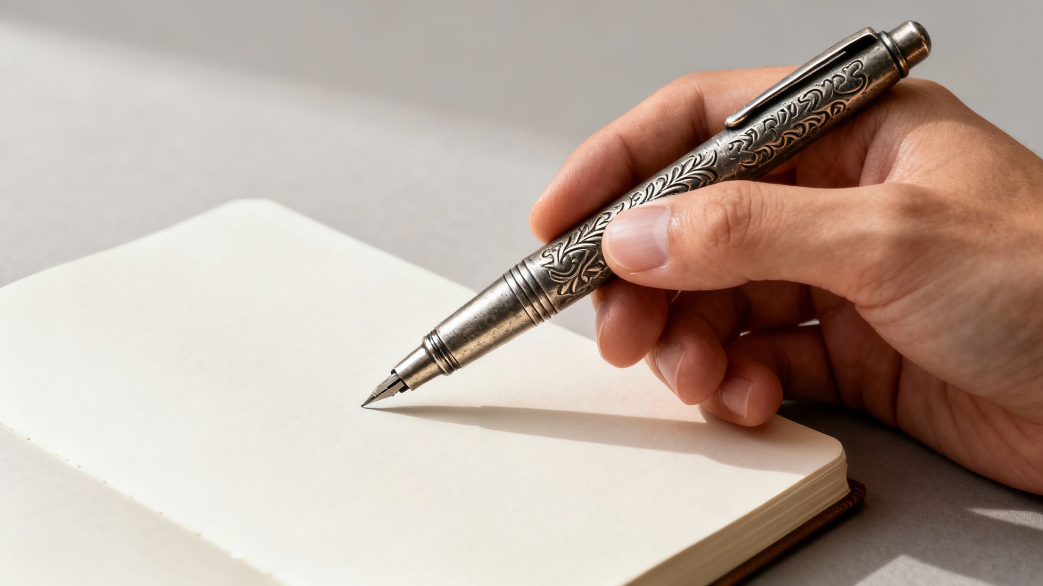 Nahaufnahme einer Hand, die einen verzierten Füllfederhalter hält und bereit ist, in ein Notizbuch zu schreiben.