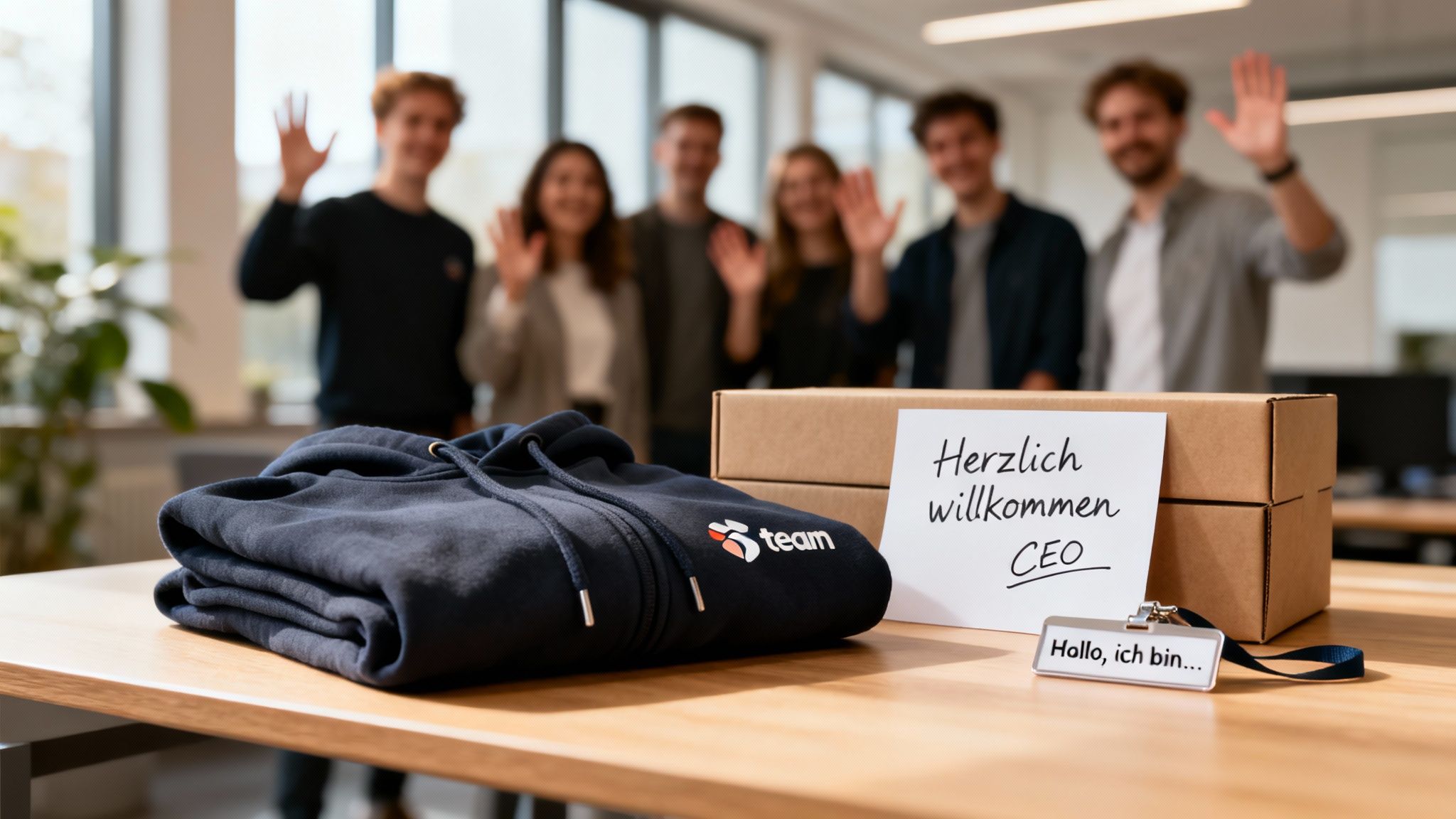Willkommenspaket für den neuen CEO mit Hoodie, Kartons und Namensschild, während Mitarbeiter im Hintergrund winken.