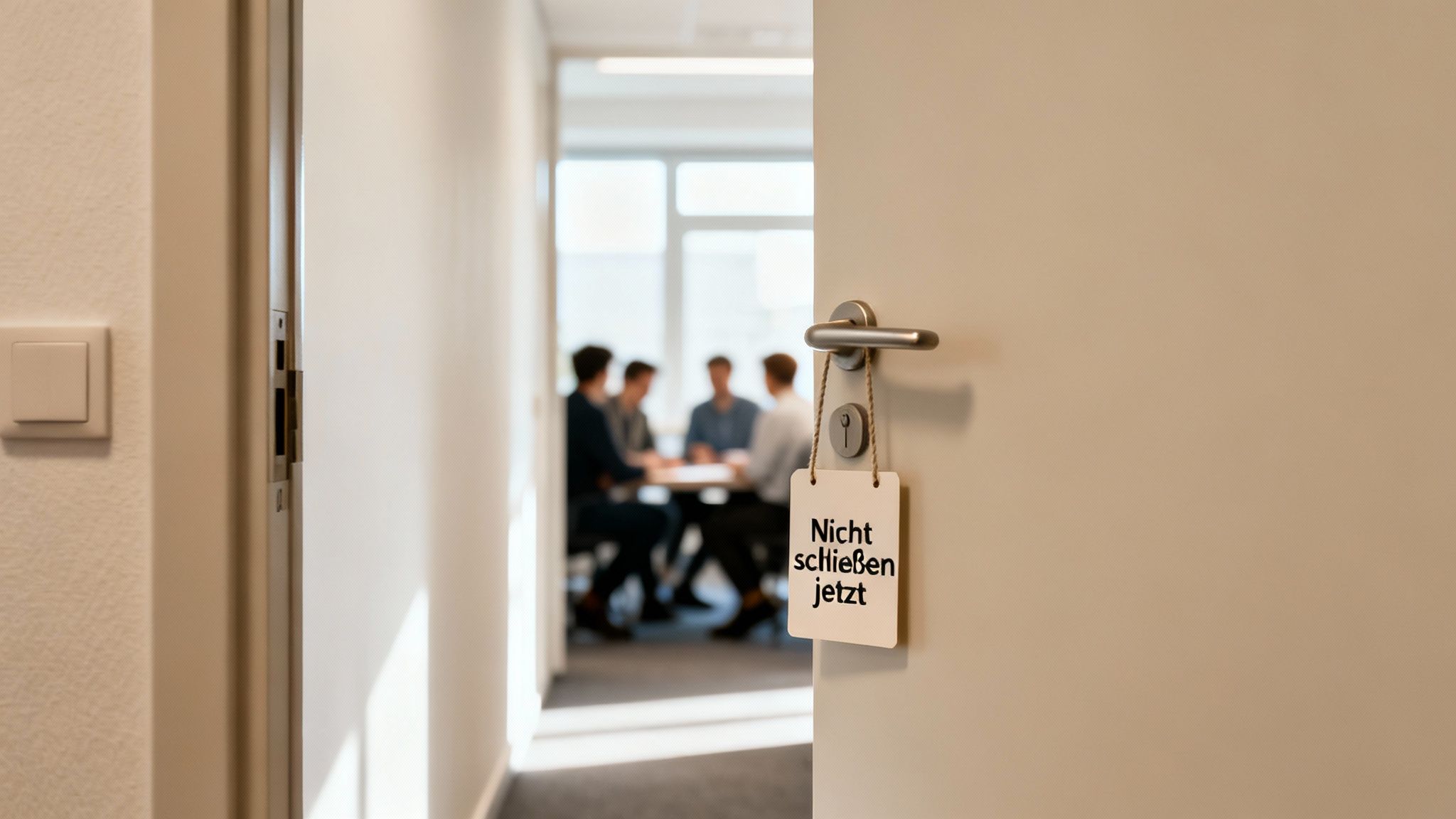 Offene Tür mit Schild 'Nicht schließen jetzt', dahinter Personen in einem Besprechungsraum, die sich unterhalten.