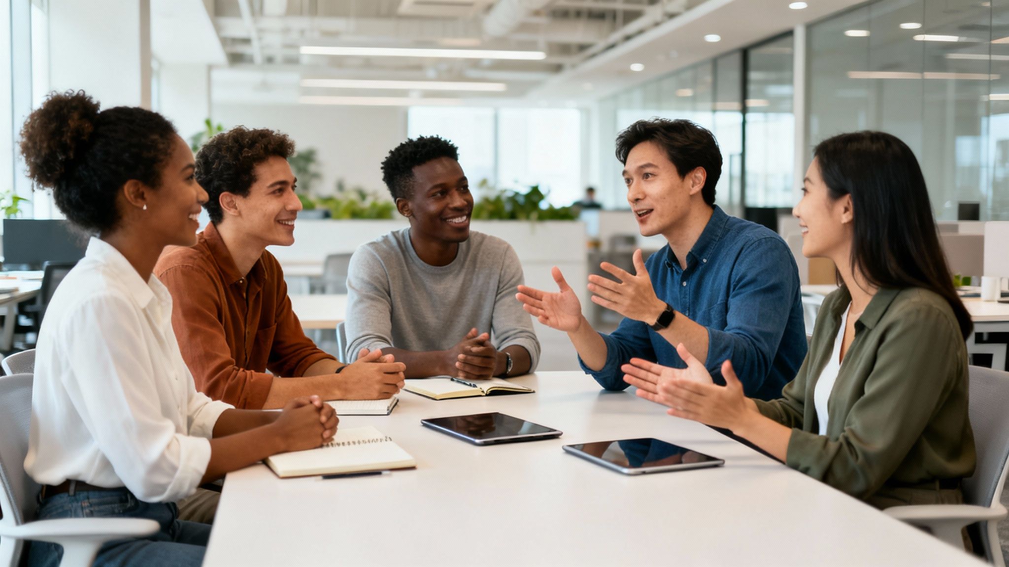 Fünf junge, diverse Fachkräfte diskutieren lächelnd an einem Tisch in einem modernen Büro.