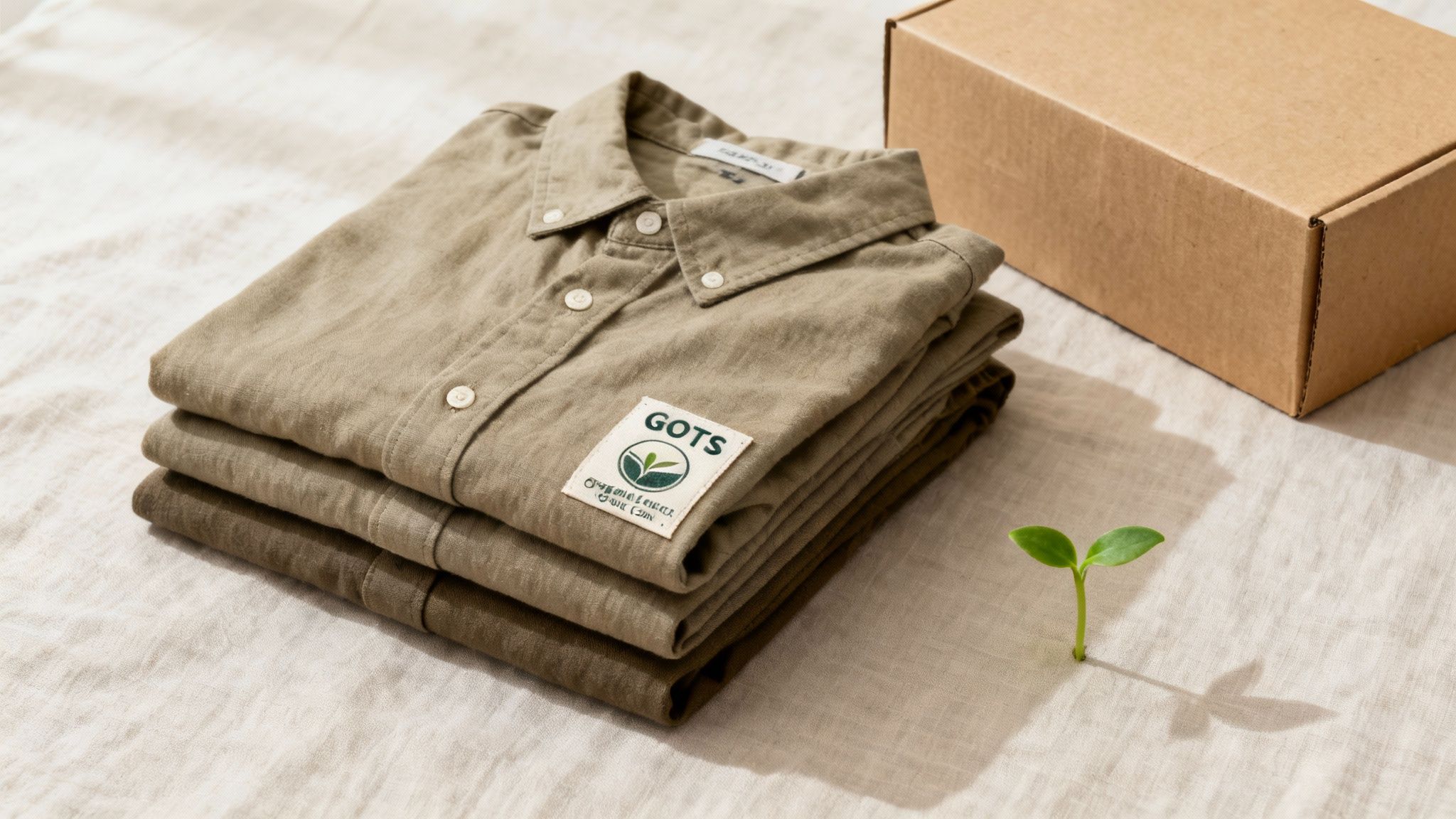 Eine Person hält ein Stück nachhaltigen Stoff in einer Produktionsumgebung, umgeben von natürlichen Materialien.