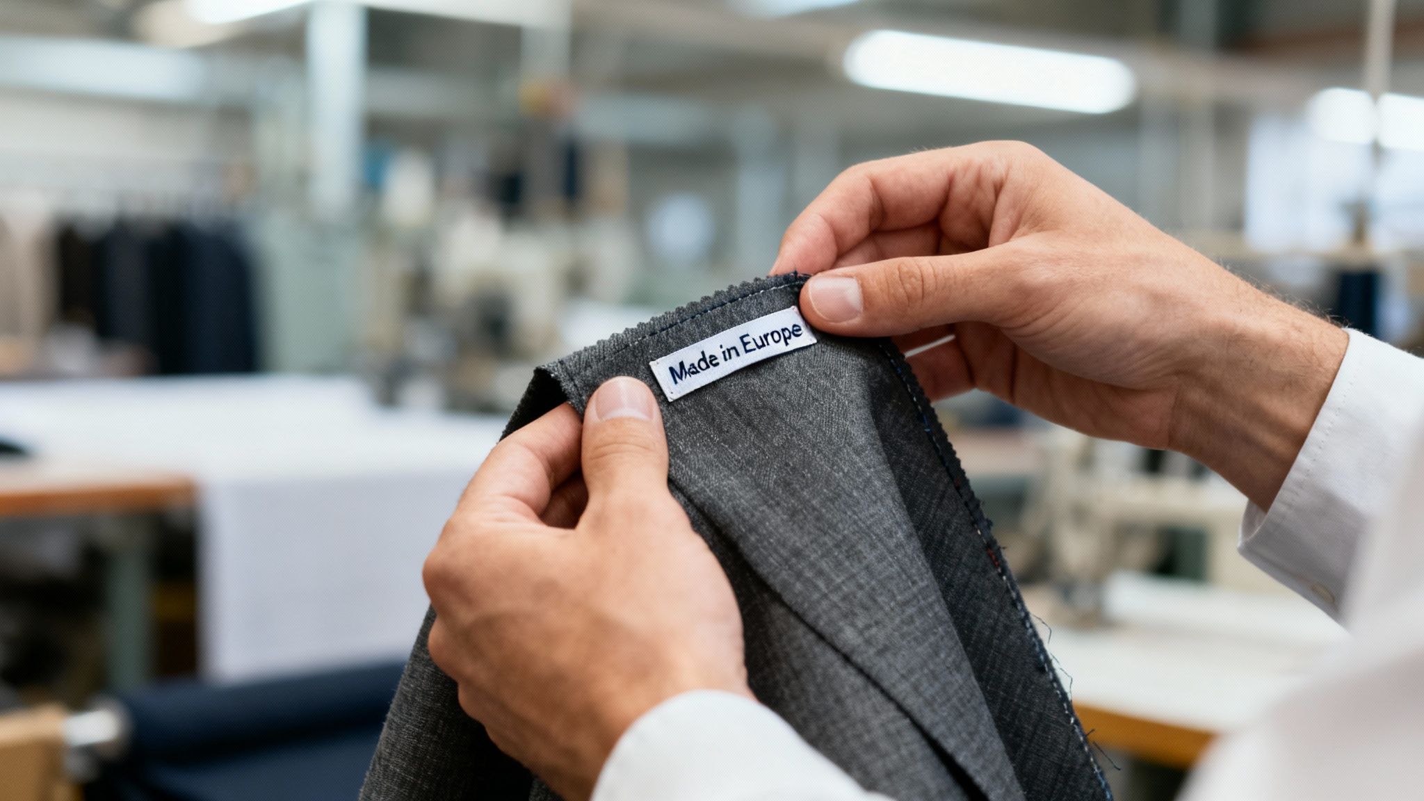 Hände halten grauen Stoff mit dem Etitkett 'Made in Europe' in einer Textilfabrik.
