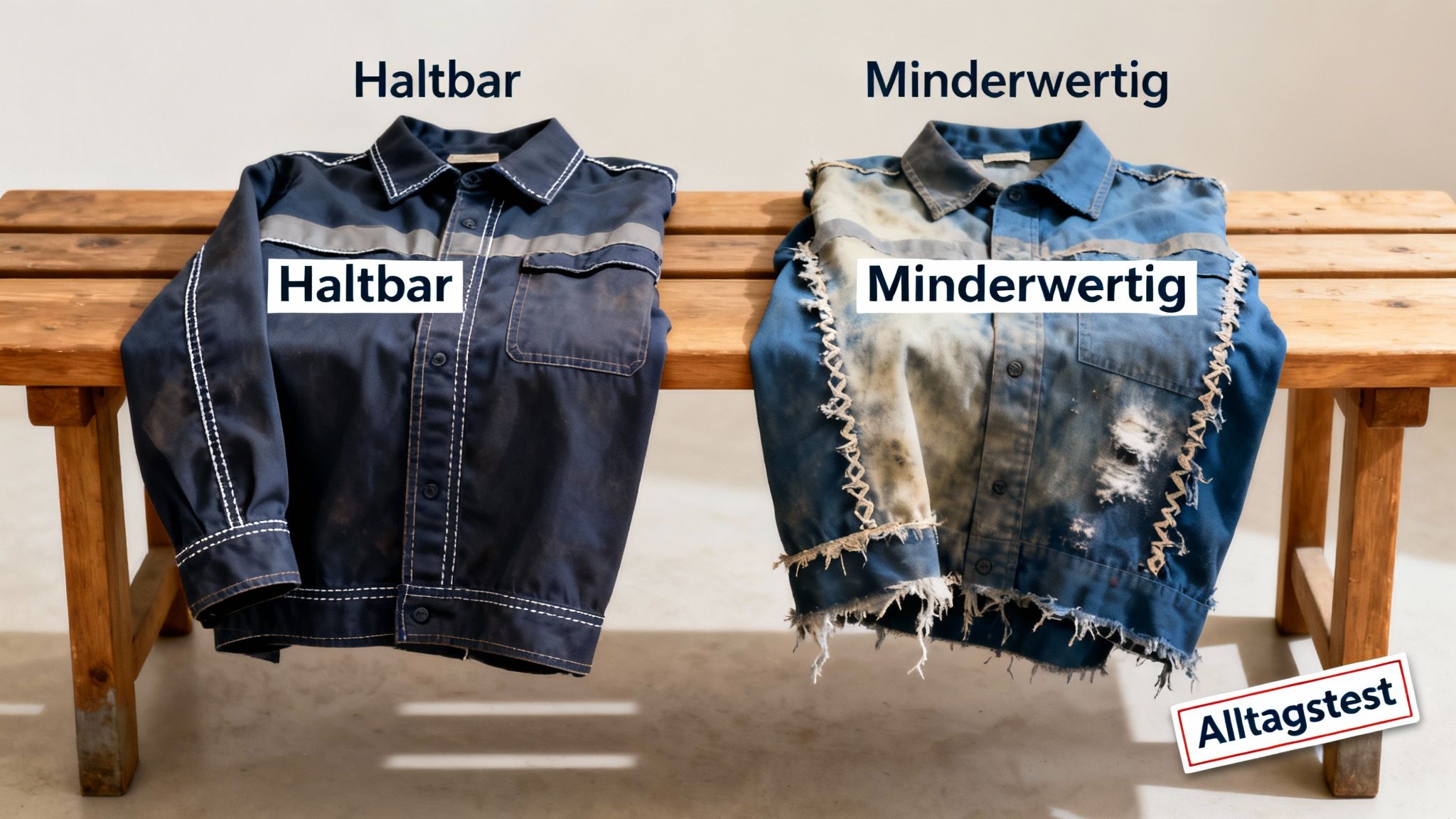 Zwei Arbeitshemden auf einer Holzbank: ein neues, haltbares und ein altes, minderwertiges Exemplar, mit dem Titel „Alltagstest“.