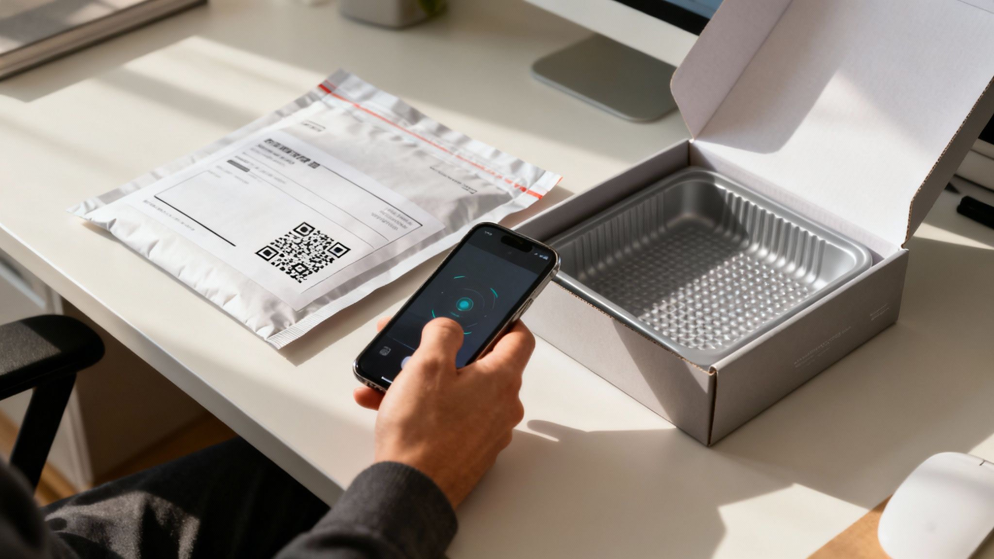 Ein Smartphone scannt einen QR-Code auf einem Werbeartikel, der auf einem Schreibtisch liegt.