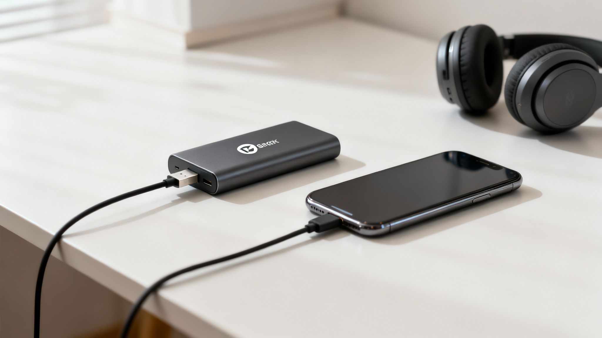 Eine Powerbank mit Firmenlogo wird zum Laden eines Smartphones in einer modernen Bürounggebung verwendet.