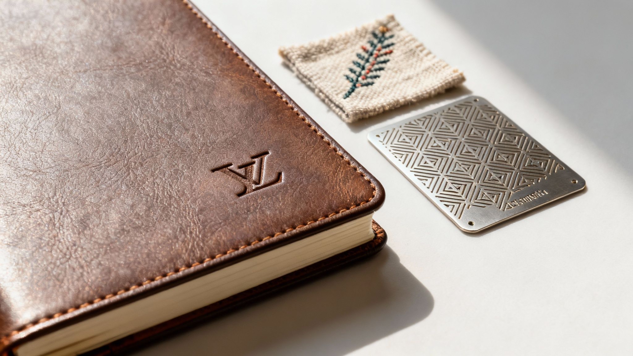 Braunes Ledernotizbuch mit LV-Logo, ein besticktes Stoffstück und eine gemusterte Metallkarte auf hellem Hintergrund.