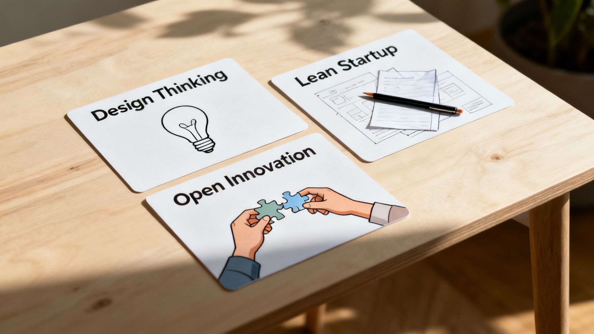 Ein heller Holztisch mit drei weißen Karten: „Design Thinking“ (Glühbirne), „Lean Startup“ (Skizze) und „Open Innovation“ (Puzzleteile).