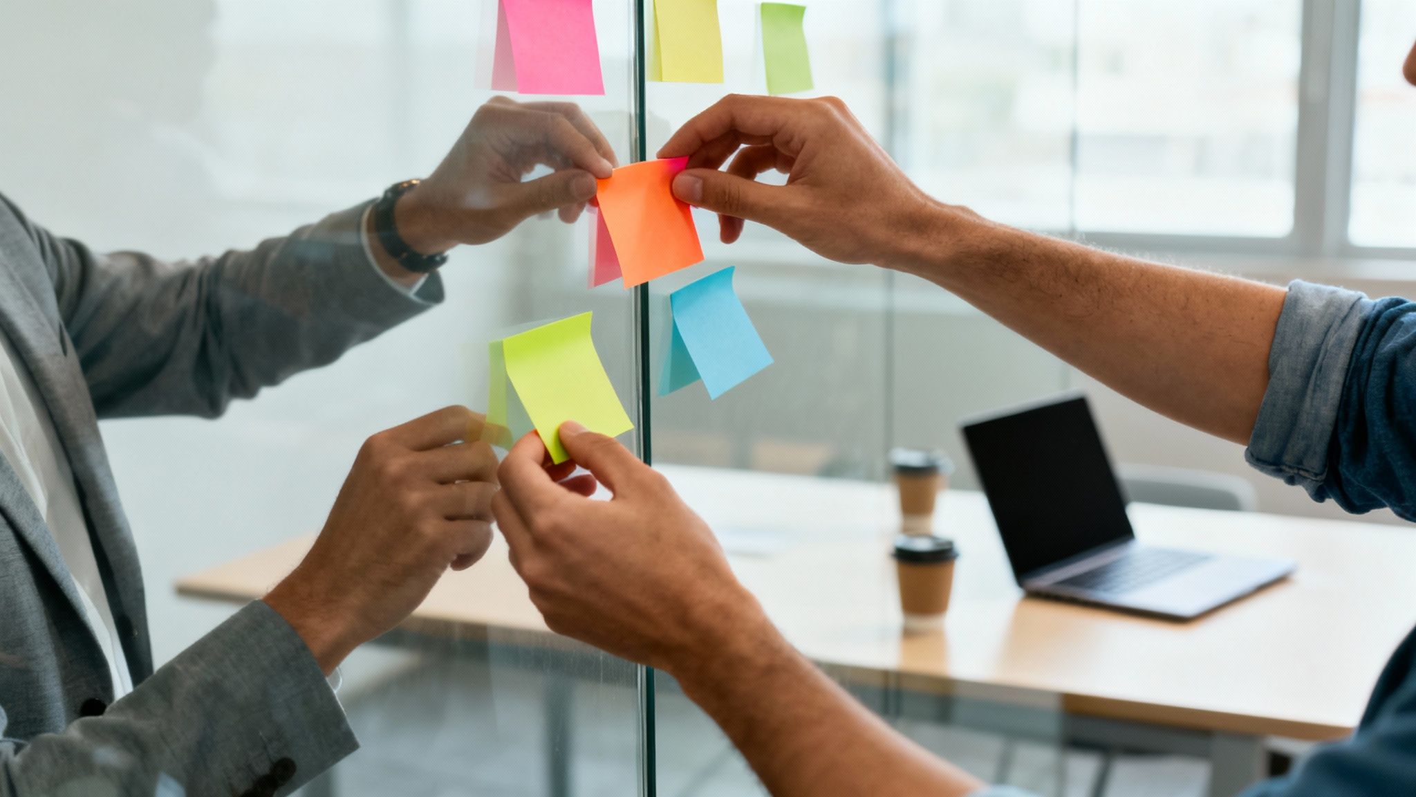 Zwei Personen kleben bunte Notizzettel an eine Glaswand im Büro, um Ideen zu sammeln.