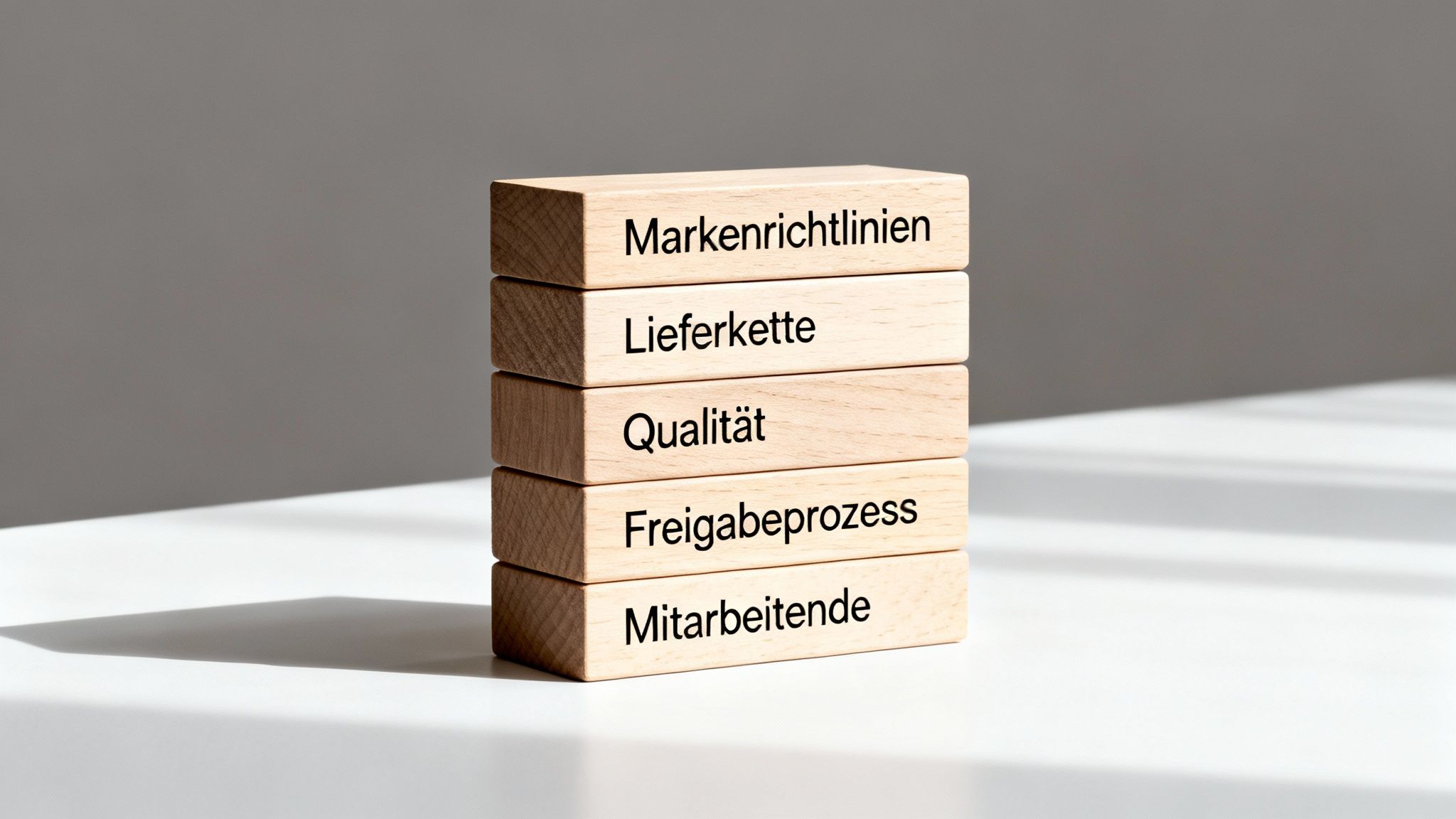 Ein Stapel Holzklötze mit den Begriffen Markenrichtlinien, Lieferkette, Qualität, Freigabeprozess und Mitarbeitende.
