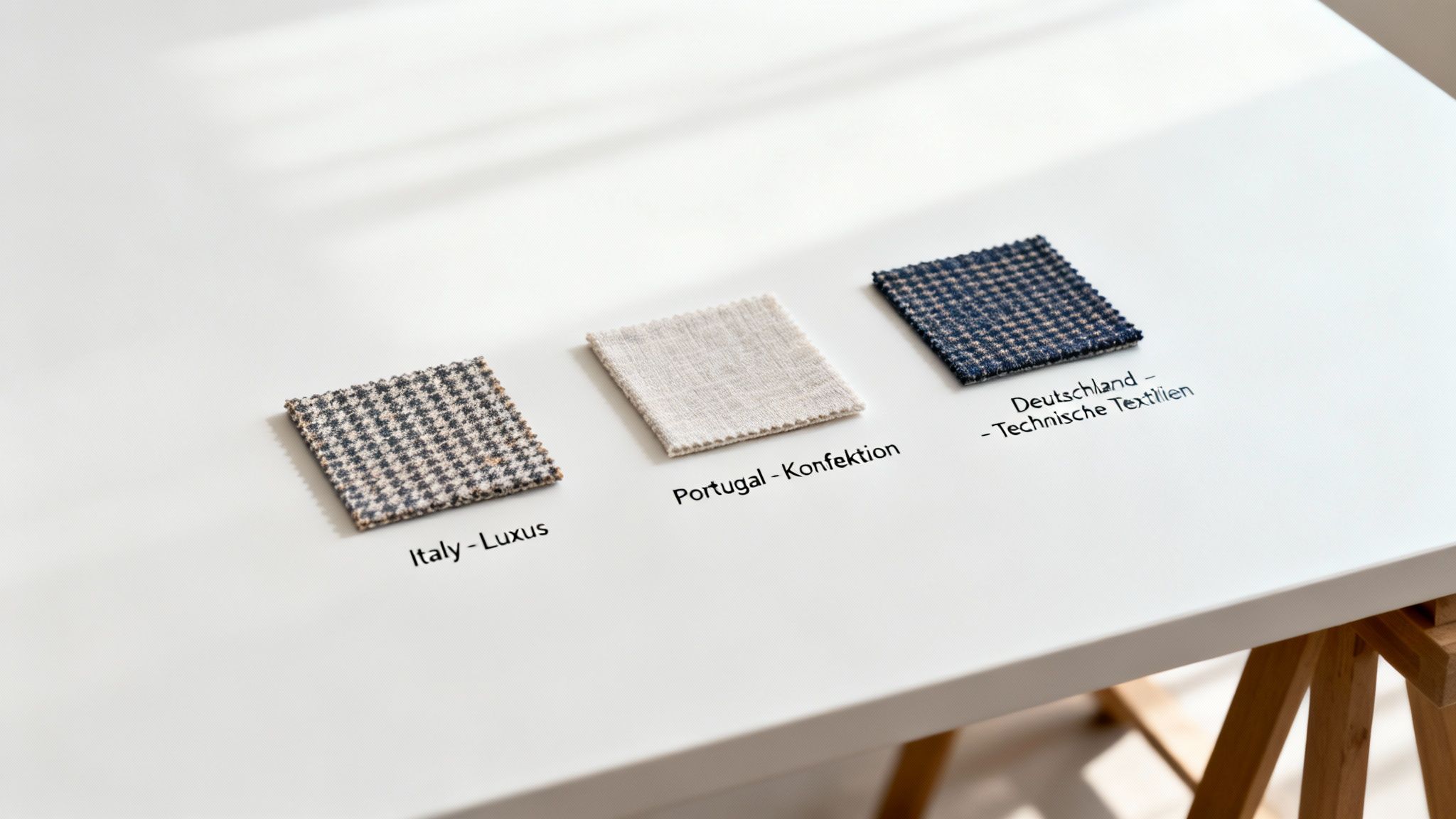 Drei Stoffmuster: Italien-Luxus, Portugal-Konfektion, Deutschland-Technische Textilien, auf einem weißen Tisch.