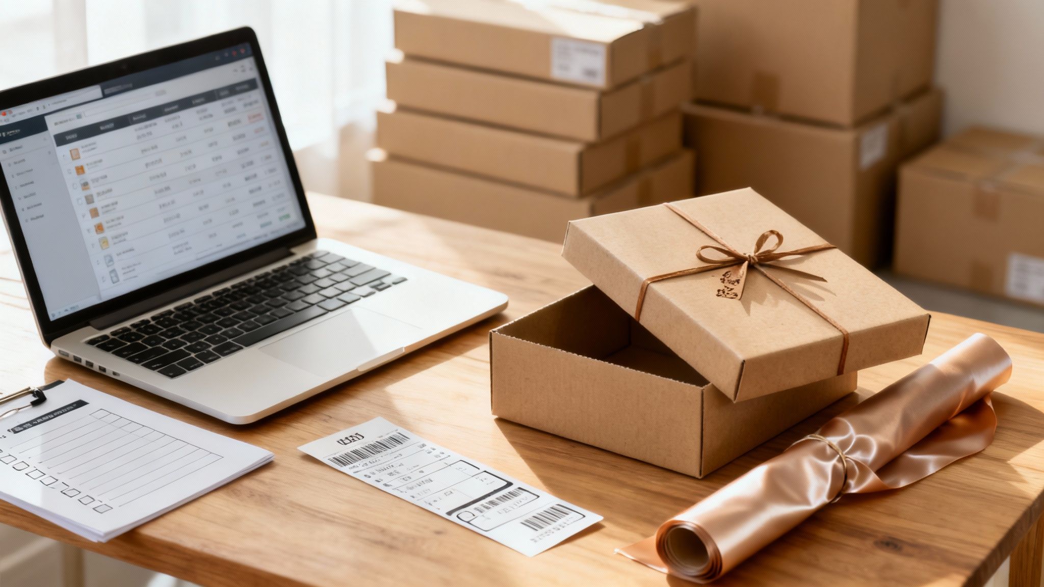 Schreibtisch mit Laptop, offenem Geschenkkarton, Band und Versandkartons im Hintergrund – Homeoffice für Online-Geschäfte.