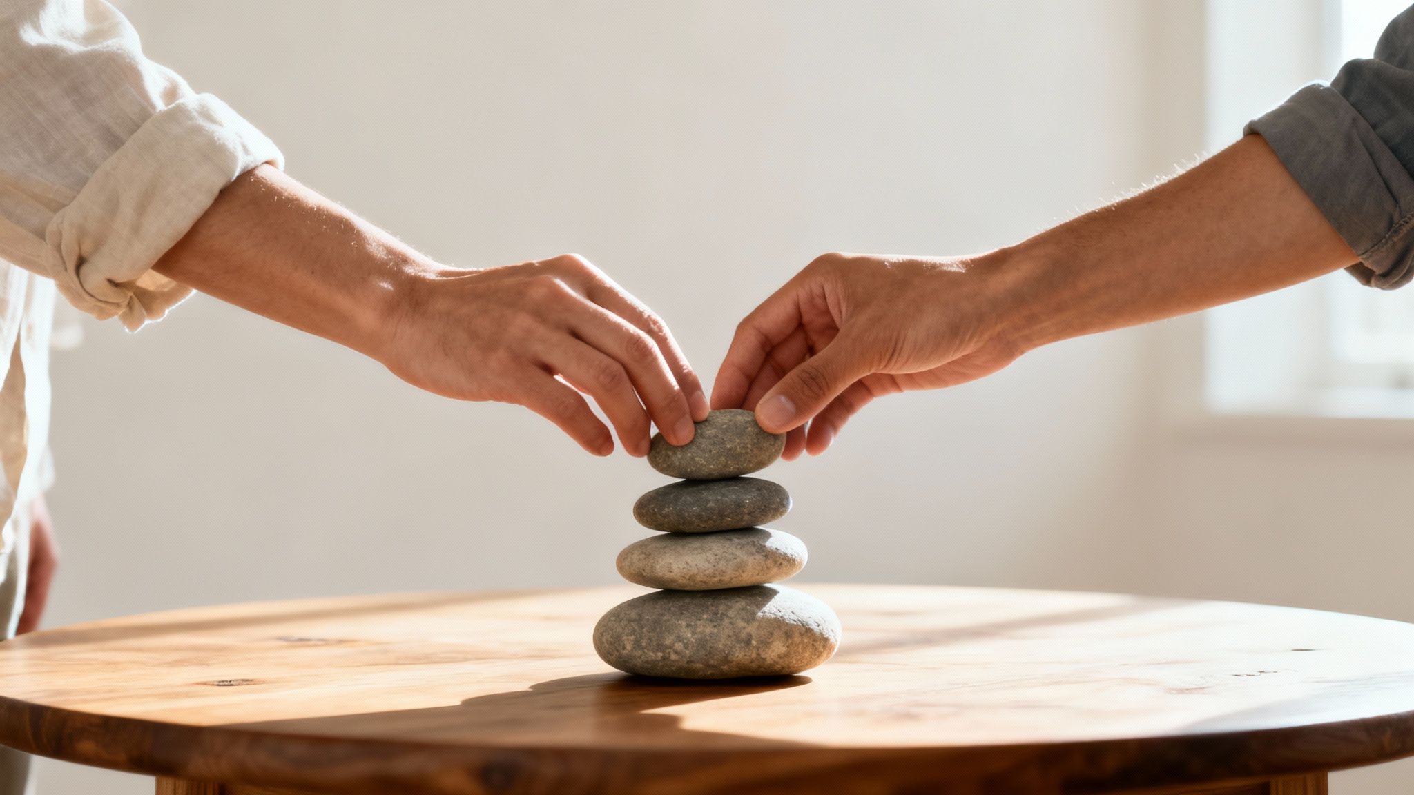 Zwei Hände stapeln ruhig glatte Steine zu einem Turm auf einem Holztisch, symbolisierend Balance.